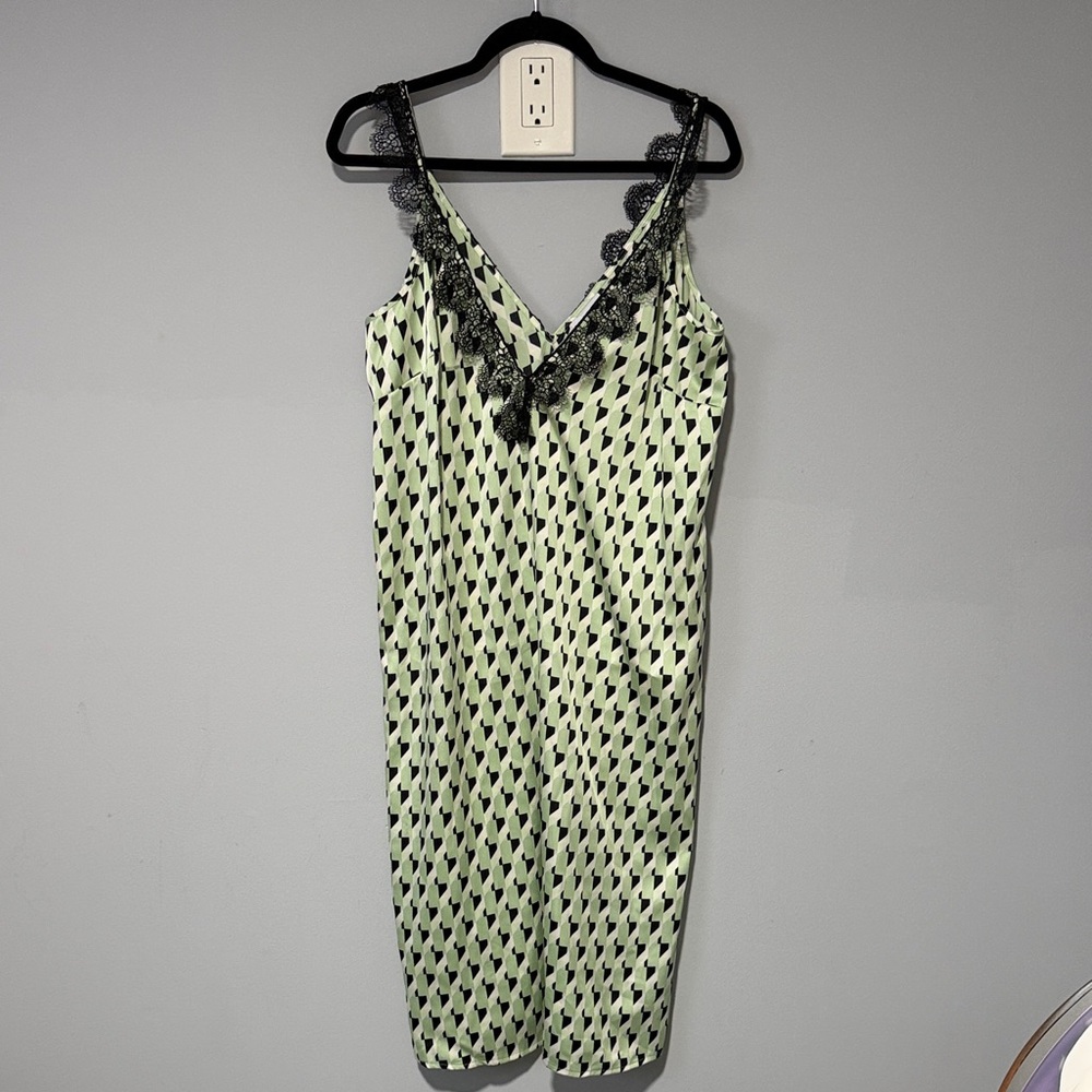Target Green and Black Patterned Midi Slip Dress with Lace Trim